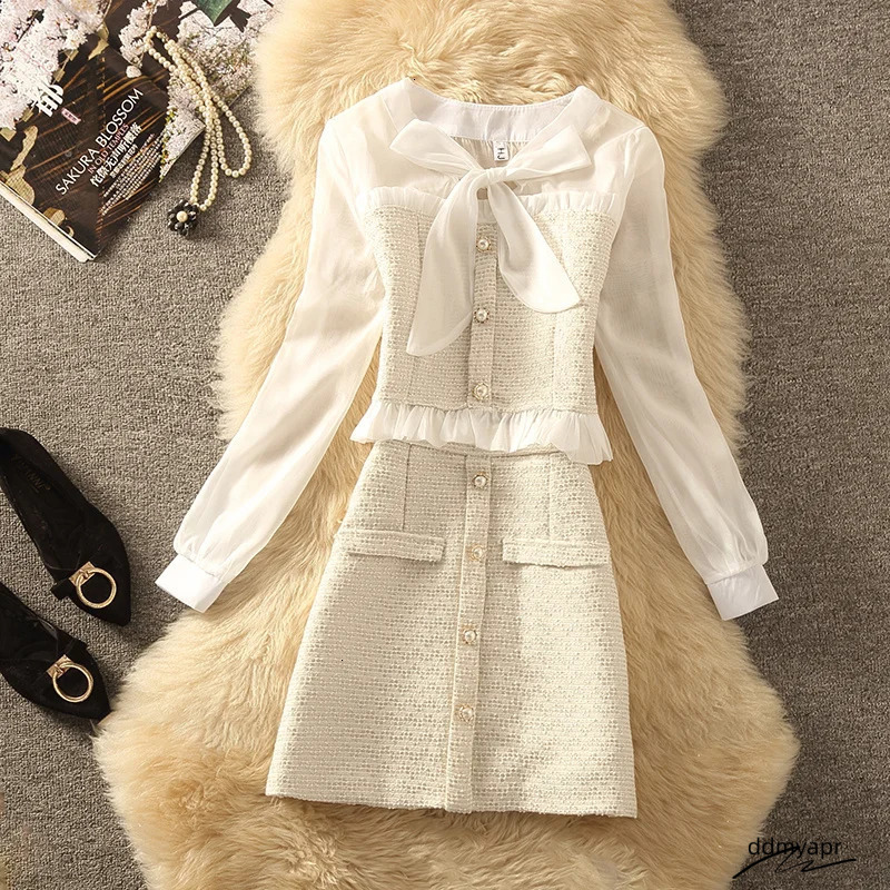 Dress High Quality Autumn Elegant ddmyday Fashion Small Fragrance 2 Piece Set Women Shirt Top Tweed Skirt Suits Korean Sweet Two Peice Sets 231129