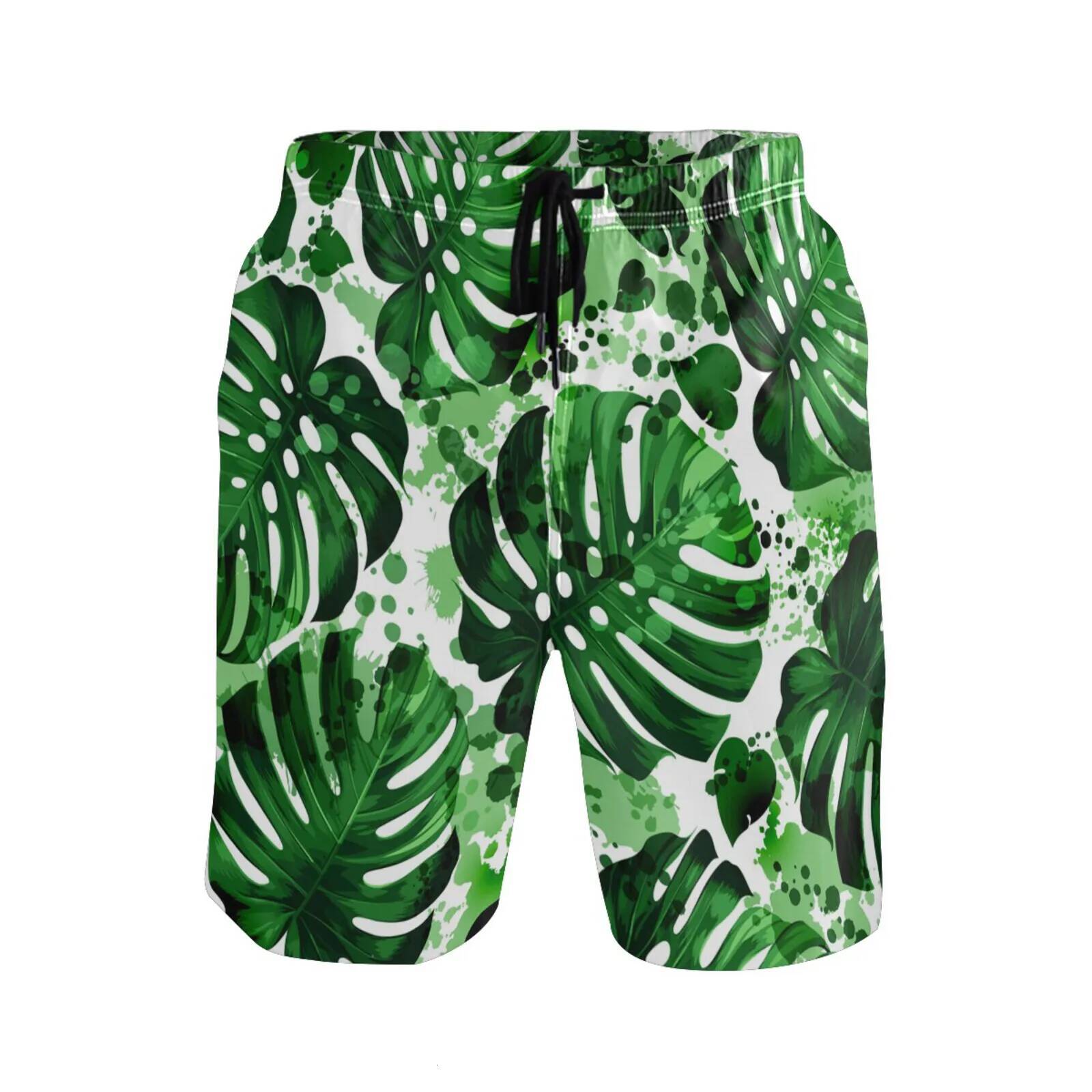 2025 Men's Summer Beach Shorts Tropical Palm Leaves Print With Pockets Casual BoardShorts Vacation Holiday Beachwear Masculina
