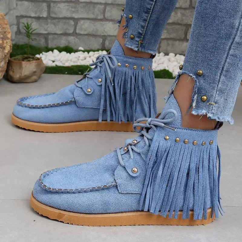 Vintage Tassel Laceup Ankle Boots for Women Autumn Winter Pointed Toe Cowgirl Woman Suede Western Cowboy Chelsea 250904