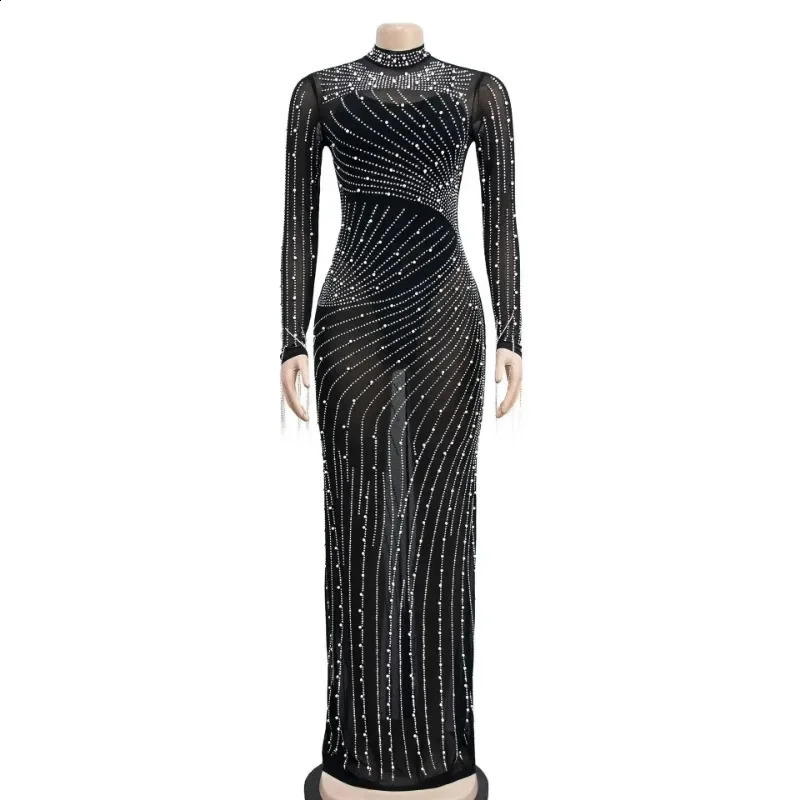 Women Mesh Tassel Long Sleeve Diamonds Rhinestones Bodycon Midi Maxi Long Dress and Tank Inner Dresses 2piece Suit 250815