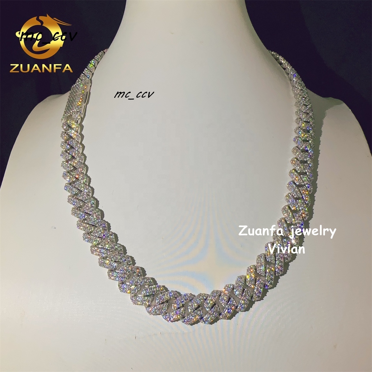 Hip Hop Jewelry 12mm Fashion Sterling Silver 925 VVS Moissanite Diamond Iced Out Miami Cuban Link Chain Necklace