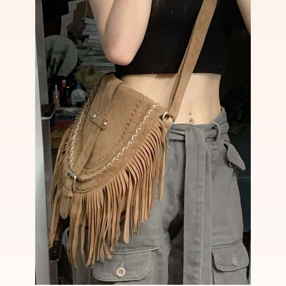 2024 New Faux Suede Tassel for Women, Khaki Color, Versatile Ethnic Style Crossbody Bag Trend