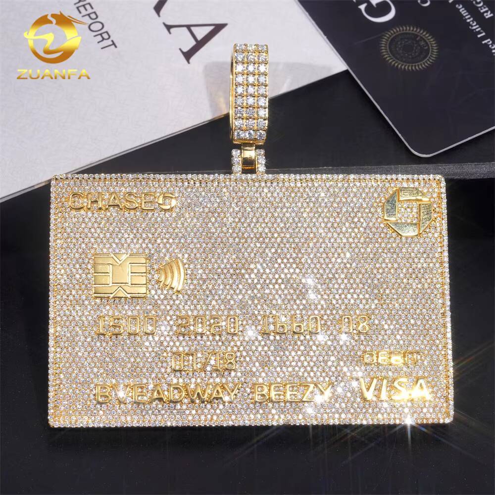 Ready to Ship Hot Sale Credit Card Pendant Sterling Silver Gold Plated GRA Certificate Moissanite Pendant Hip Hop Jewelry