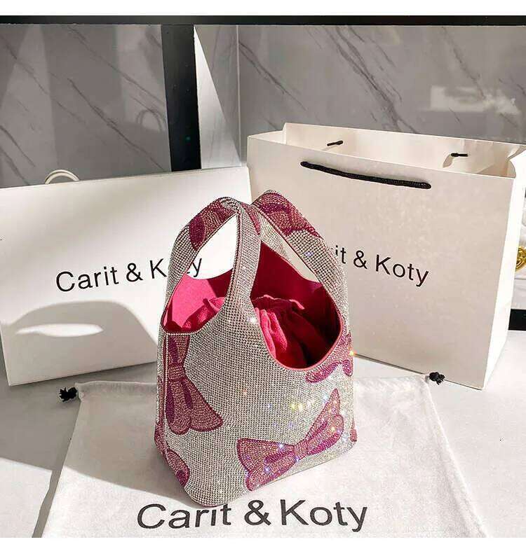 Glitter Shiny Rhies Dia Evening Clutch Purse Cute Cartoon Bow Knot Printing Bucket Women's Handbag Shoulder Bag