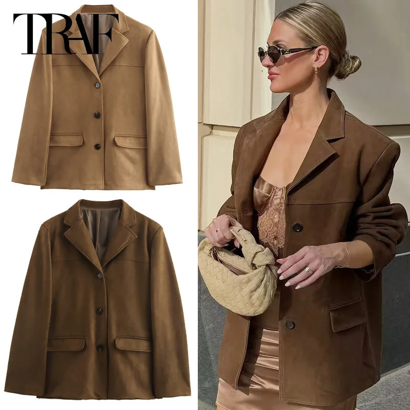 TRAF Womens Blazer Suede Jacket Spring Outerwears Brown Long Sleeve Vintage Solid Fitted Coat Old Money Jackets 066 250905