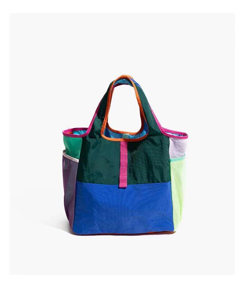 Niche Large Capacity Mommy Dopamine Color Block Tote Bag Lightweight Foldable Eco-friendly Storage Shopping Handbag