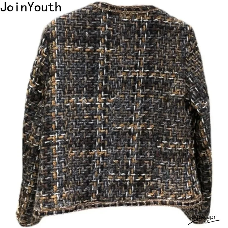 Tweed Women - Vintage Style Cropped Ladies Jacket Korean ddmyday Fashion O-Neck Long Sleeve Y2k Tops ddmyday ddmyday ddmyday