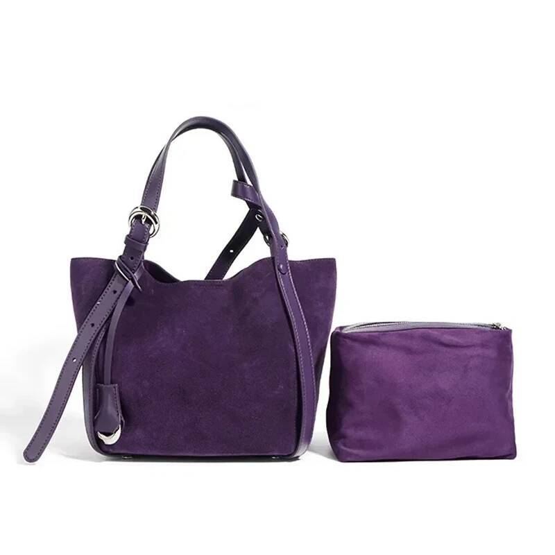 Genuine Leather Women's Tote Large Capacity Vegetable Basket Bucket Designer Shoulder Brand Bag For Women Purple