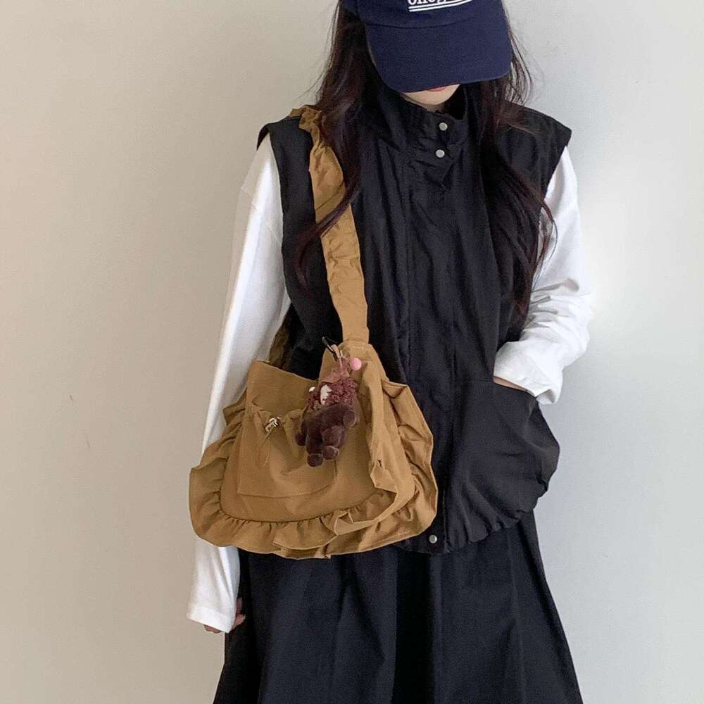 Lace Ruched Cute Casual Daily Commute Solid Color Nylon Fashion New Student Shoulder Bag for Women