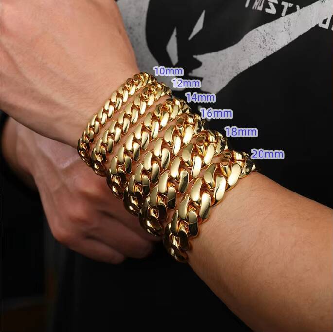 Fashion Jewelry 10121416182022mm Real Gold Plated Brass Big Cuban Link Miami Cuban Bracelet Ready to Ship Jewelry