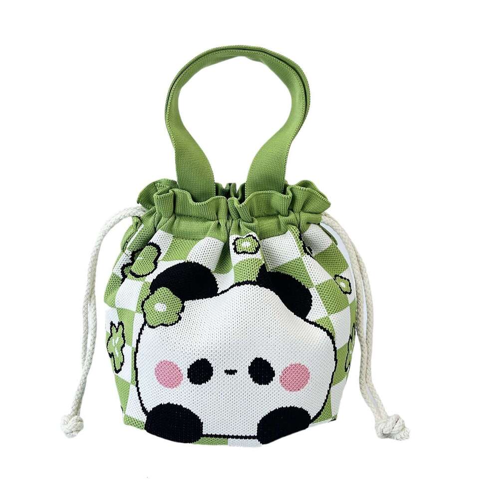 Knitted Bucket for Women with Cartoon Pattern, Cute Handbag, Casual Versatile Drawstring Tote, Underarm Bag, Lunch Bag