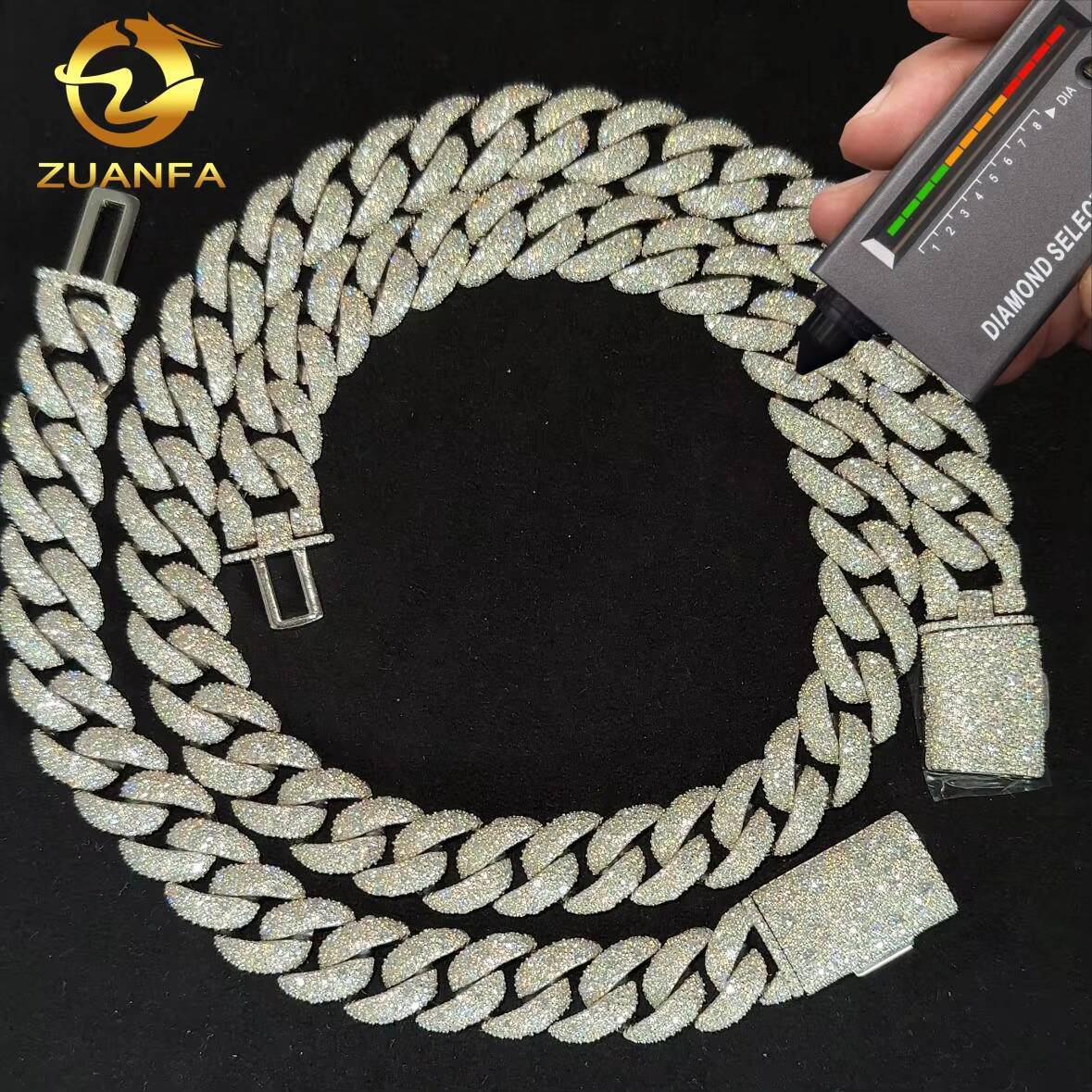 925 Silver Cuban Link Chain Moissanite Diamond Hip Hop Jewelry 14mm Mosaic Setting Cuban Link Moissanite Pass Diamond Tester