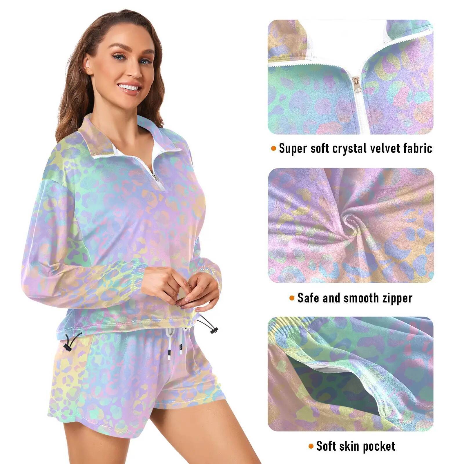 Sexy Sporty Sweatsuits Ladies Two-piece Leopard Print Zippered Cropped Hoodie and Shorts Suit Sportswear For Women