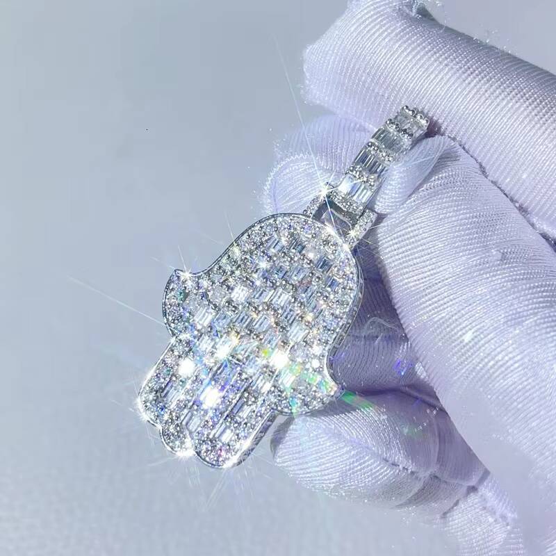 Gra Certificated Baguette Cut Hip Hop Fit for 4MM Tennis Chain Silver 925 Moissanite Hamsa Pendant