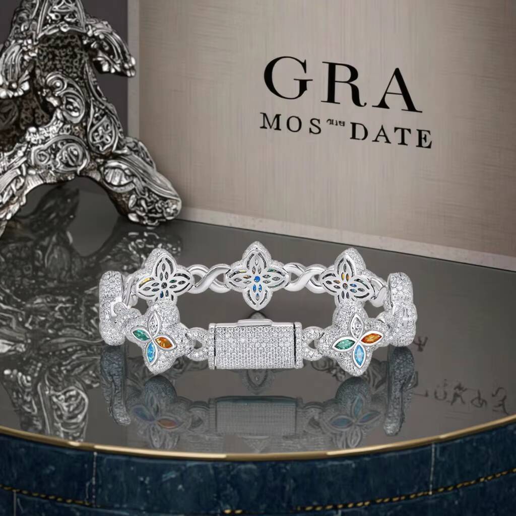 Designer bracelet Trendy Rapper Jewelry Hip Hop Bracelet Gold Plated Moissanite Diamond 925 Silver Infinity Men Four Leaf Clover Bracelet