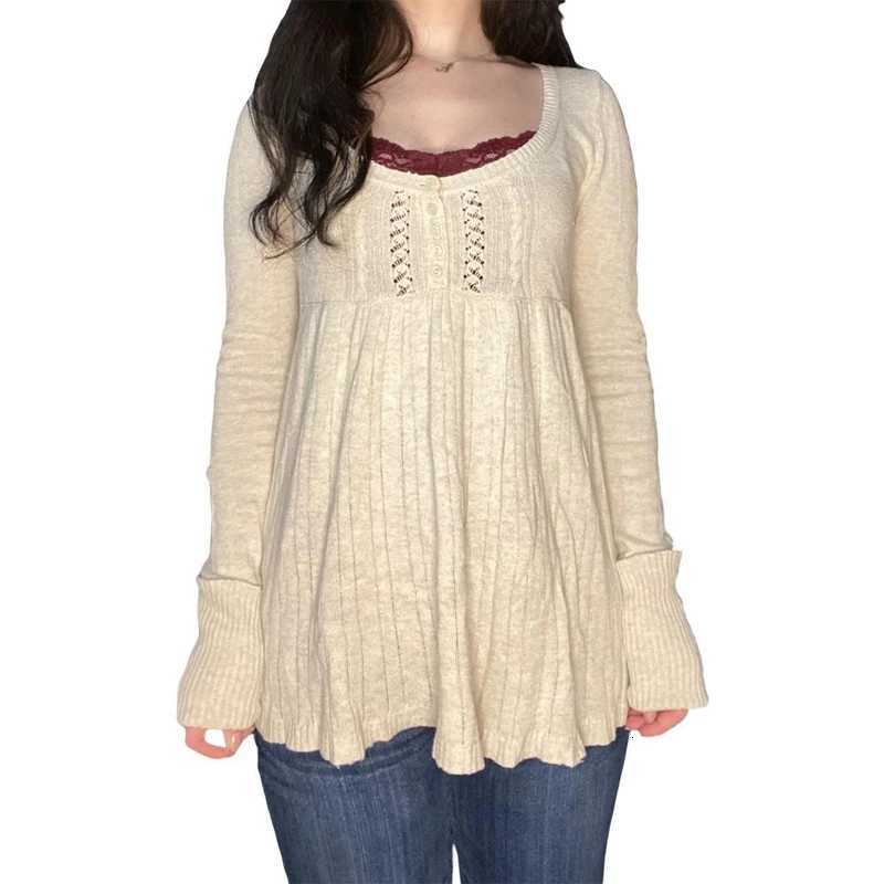 2000s Vintage Long Sleeve Babydoll Knitted Sweater Tops Cottage Milkmaid Pullovers Aesthetic Grunge Y2k Knitwear Tshirts Women Z250905
