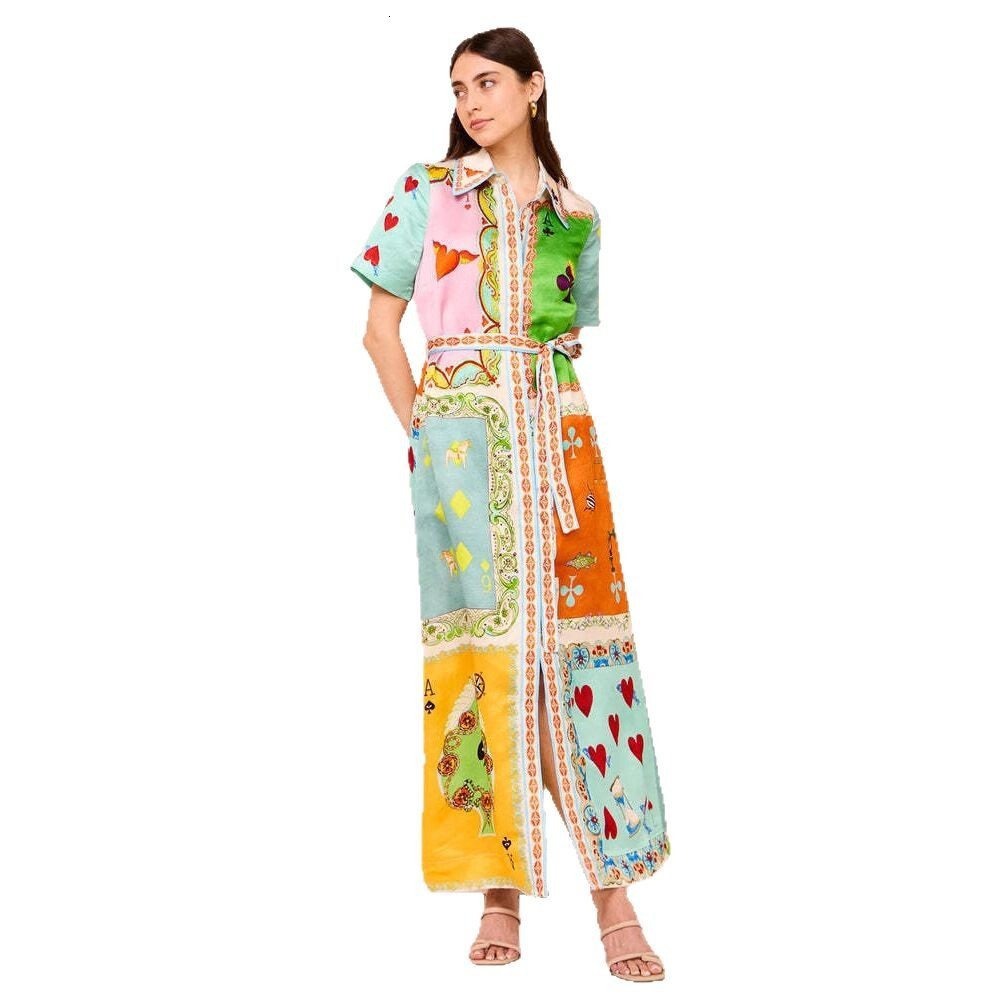 2025 Spring New Womens Fashion Elegant Printed Cardigan Lapel Tie Dress