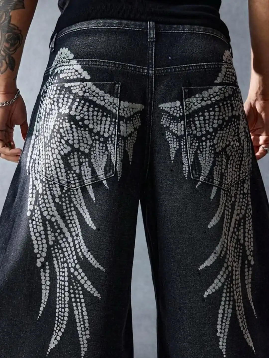 Harajuku Black Trend Dressing Up Korean Style Simple Baggy Angel Printed Jeans 2025 Fashion Necessary Solid Retro Straight Pants 250823