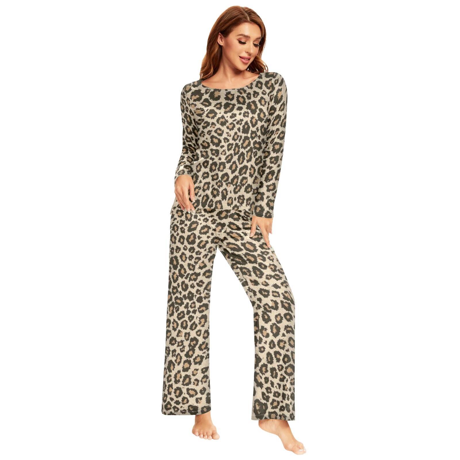 Spring Autumn Sleepwear Womens 2 Pieces Pamas Set Sexy Leopard Homewear Lounge Clothes Warm Pyjama Pijama Femme