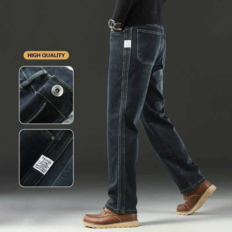 2025 Spring Splicing Mens Jeans Loose Straight Trousers High Waist Stretch Blended Cotton Washed Denim Pants Brand Clothes W250905