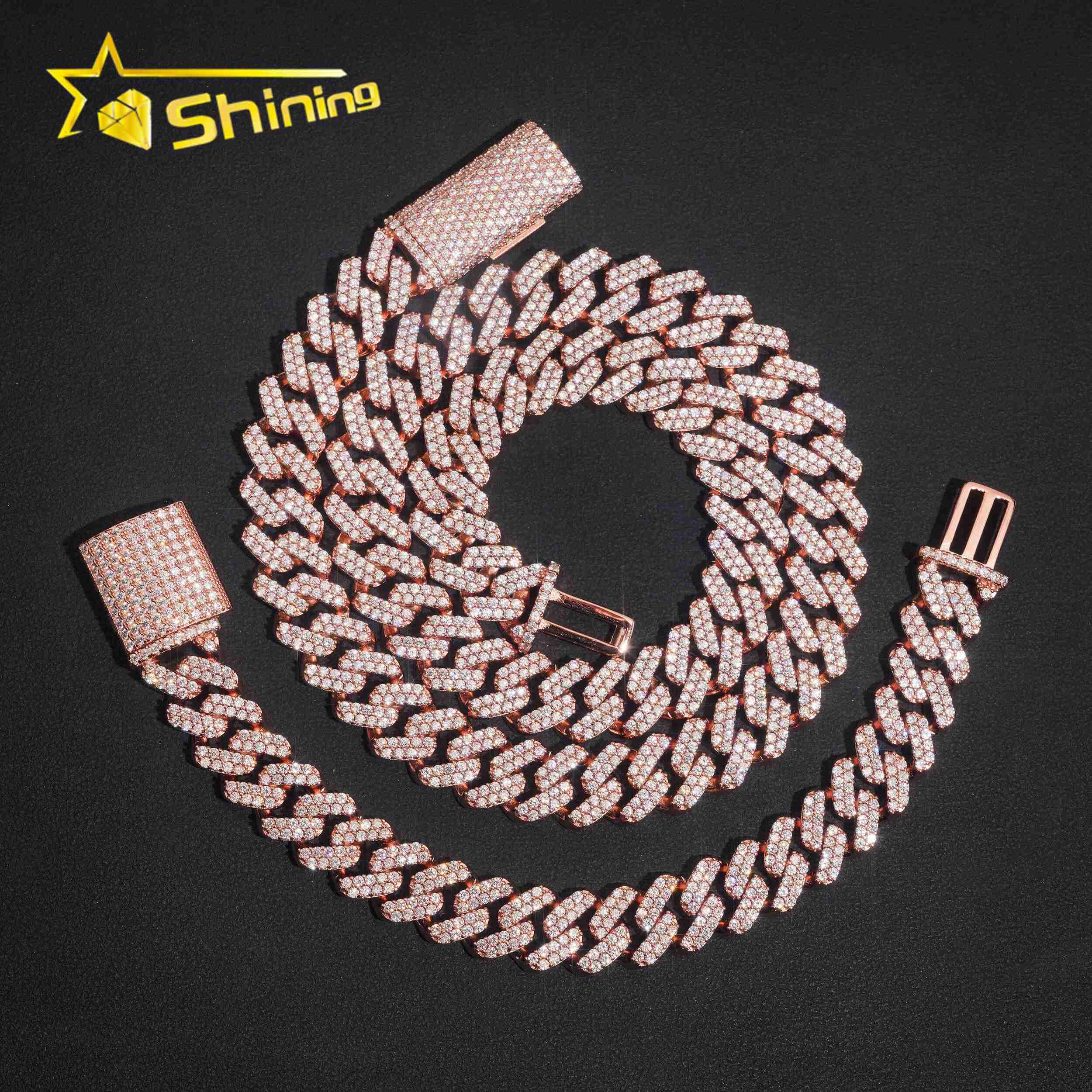 Hip Hop Jewelry Iced Out 925 Silver Rose Gold 125mm Two Rows Rounded Link VVS Moissanite Cuban Link Chain