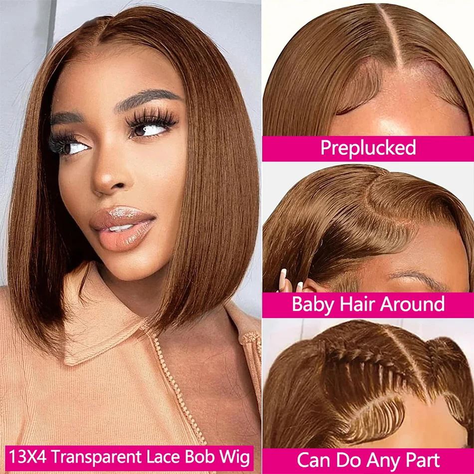 Full Frontal 13x4 HD Transparent Lace #4 Chocolate Brown Straight Short Bob Wig Human Hair Wigs Pre Plucked Wig