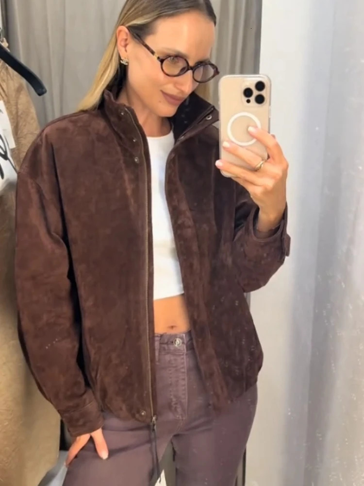 Vintage Solid Laple Loose Jackets Women Fashion Full Sleeve Ruff Zipper Pockets Oversize Coat Female Autumn Chic Casual Coats 250905