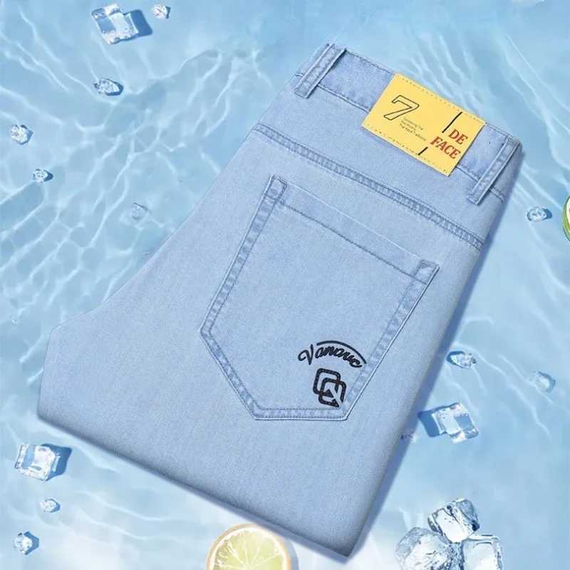 Summer New Business Casual Ice Silk Jeans Fashion Mens Slim Straight Versatile Denim Pants Lyocell Fabric Ice Y2K Thin Jean W250905