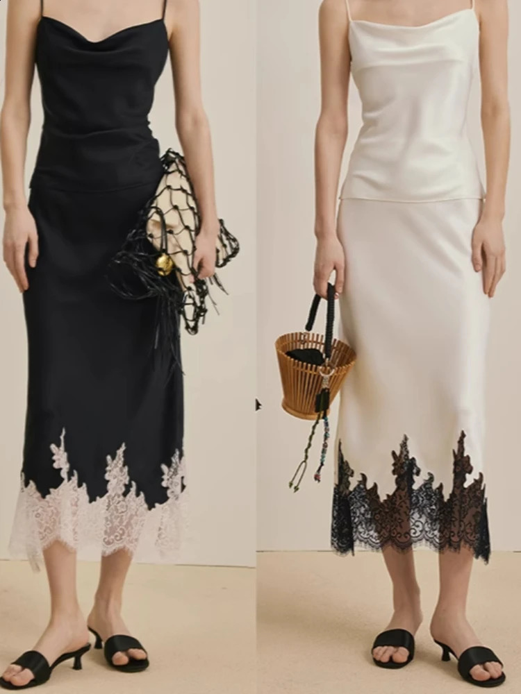 Summer Lace Patchwork Satin Midi Skirt HighQuality Elegant for Women Daily Office Vacation Wear 250905