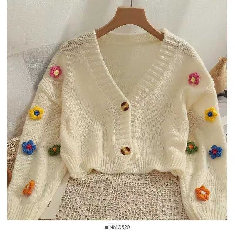 New Autumn Colourful Applique Flower Cardigan for Women Cute Long Vneck Knit Crop Sweater Girl Soft Knitwear Z250905