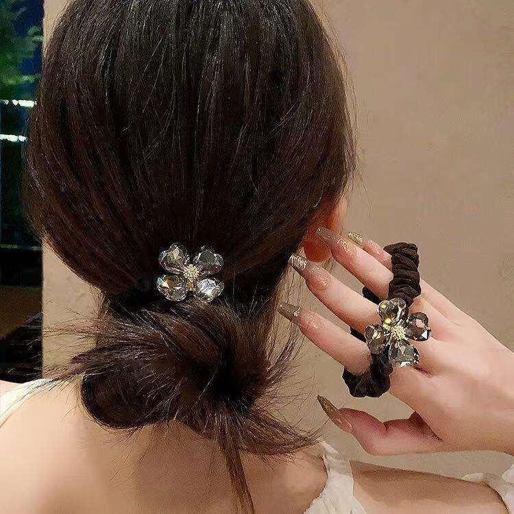 DHpet 2025 Korean Clover Rhinestone Hair Loop High Elastic Ponytail Hair Rope Simple Bun Hair Ring Fashion OL Versatile Hair Accessory Black/Brown