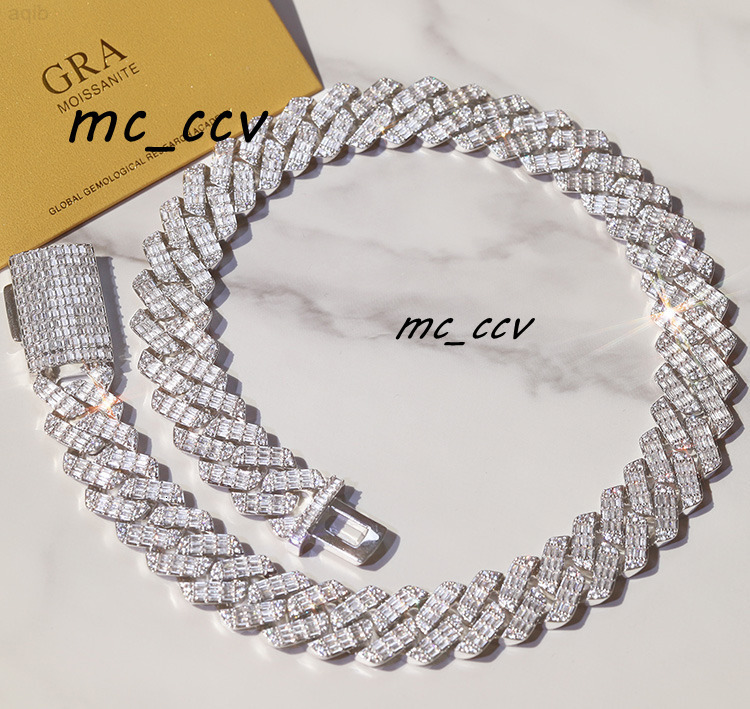 Custom 20mm Cuban Link Chain S925 Silver with Vvs Baguette Moissanite Bling Diamond Hip Hop Necklace for Mens Jewelry Cuban Link