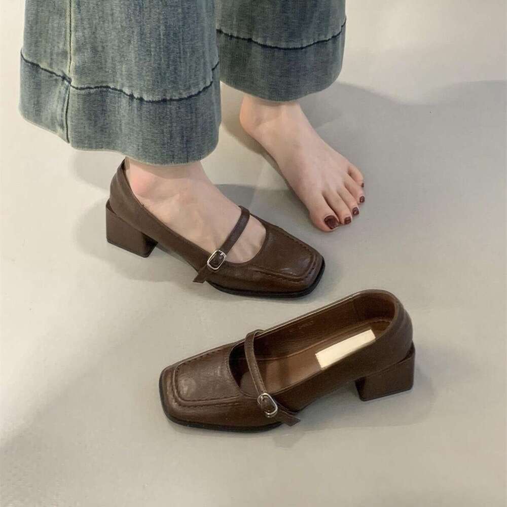 Squ Toe High Heels Shallow Mouth Single for Women Spring and Autumn New French Elegant Evening Style Chunky Heel Mary Jane Leather Shoes