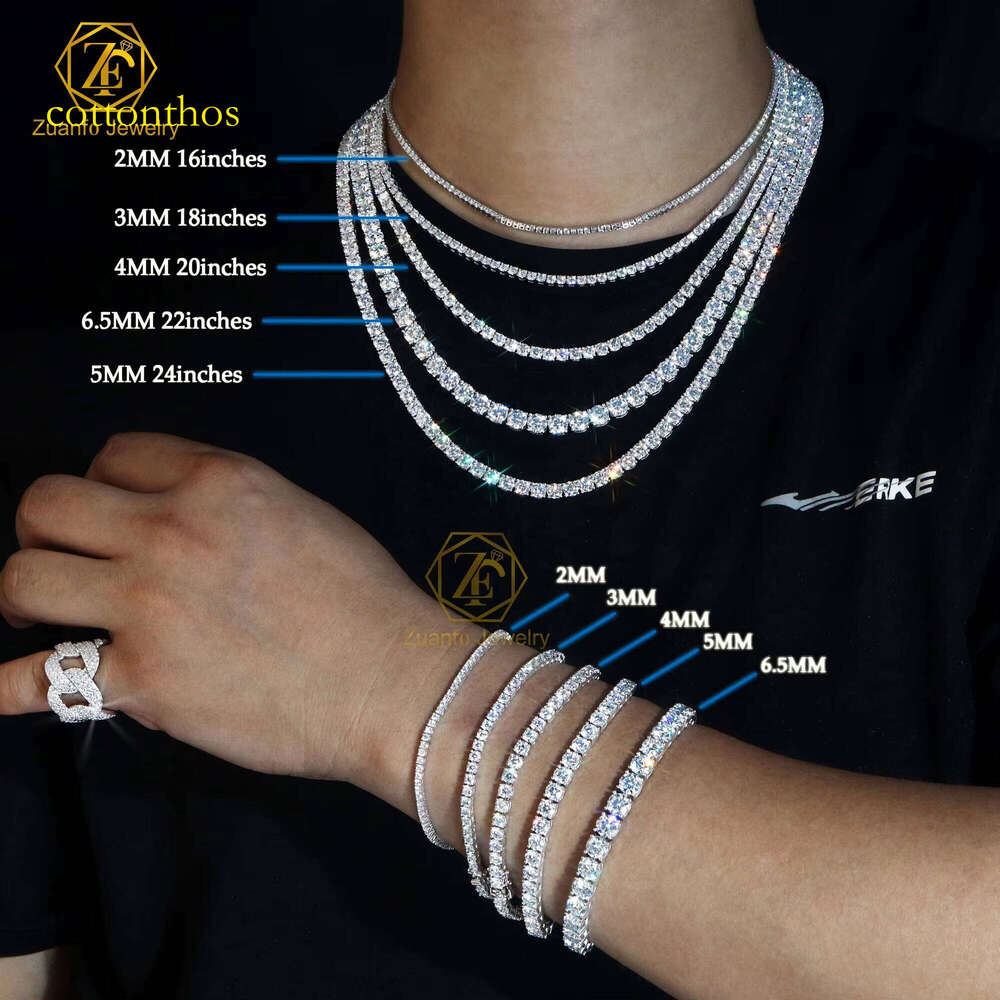 Wholesale 2 3 4 5 6.5 MM Hip Hop Fine Jewelry Necklace Sterling Cluster Iced Out Moissanite Dia Tennis Chain for Women