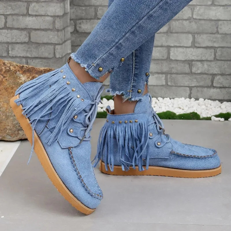 Vintage Tassel Laceup Ankle Boots for Women Autumn Winter Pointed Toe Cowgirl Woman Suede Western Cowboy Chelsea 250904