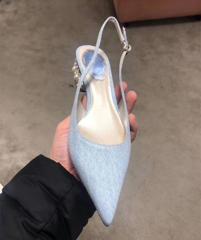 Womens Summer Thick Heel Pointed Head Bag Head Sandals Womens Rhinestone Pearl Heel Oord Buckle Medium Heel High Heels 250904 - view 4