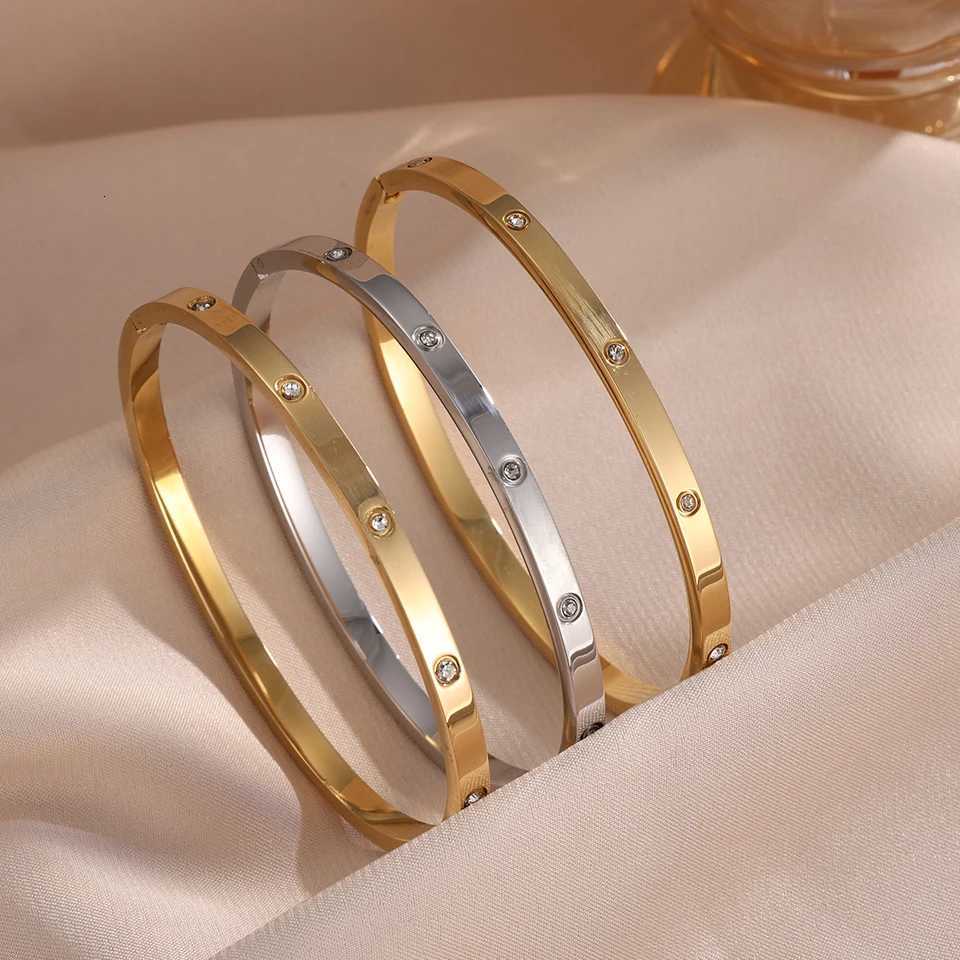 luxury Yupsk Sliver Gold Color Stainl Steel Bangle Bracelet Inlaid Round Zircon Minimalist Birtay Jewelry Accories Gift S250905