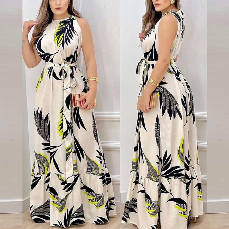 2025 Summer New Halter Tie Print Ruffle Dress for Women