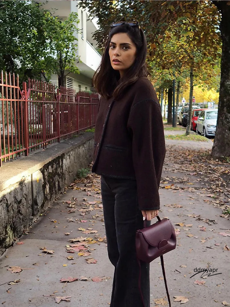 Casual Single-Breasted Woolen Coat Women Autumn Winter Chic Long Sleeve Stand Collar Brown Jacket Female Fashion ddmydec Streetwear 240815