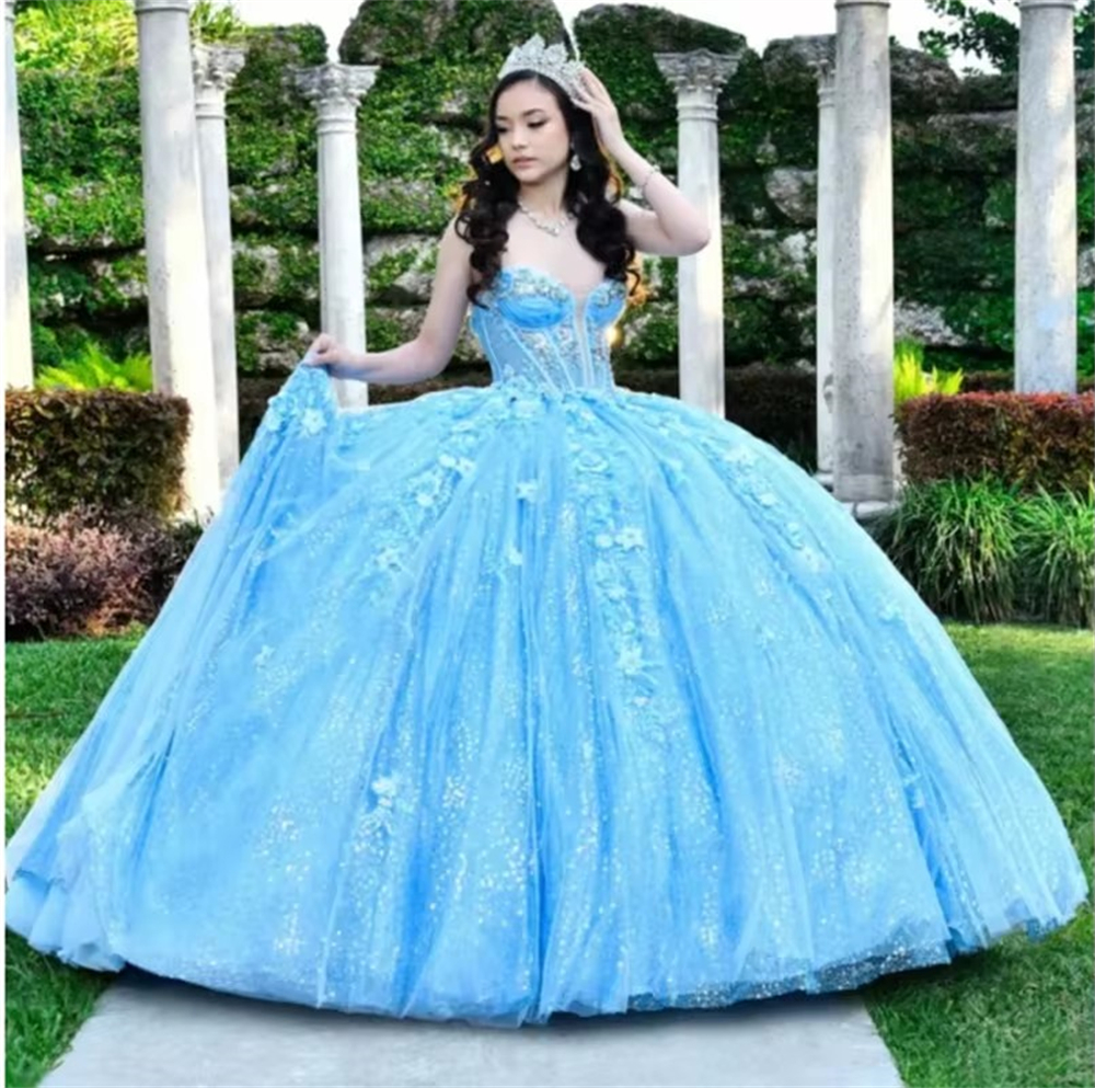 Ball Gown Quinceanera Dresses Light Blue Glittering Tulle Appliques Lace-up Plus Size Customized Sweet 15 16 Princess Birthday Party Gowns Vestidos De