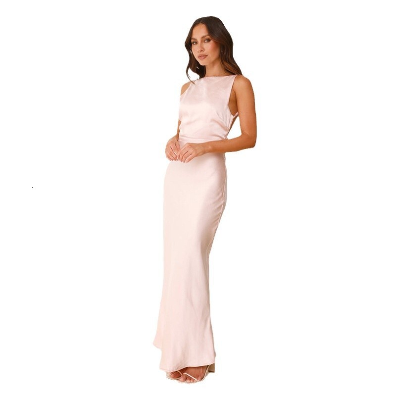 2025 Womens Long Mermaid Dress Solid Color Satin Sexy Backless Strap Dress Formal Dress for Women