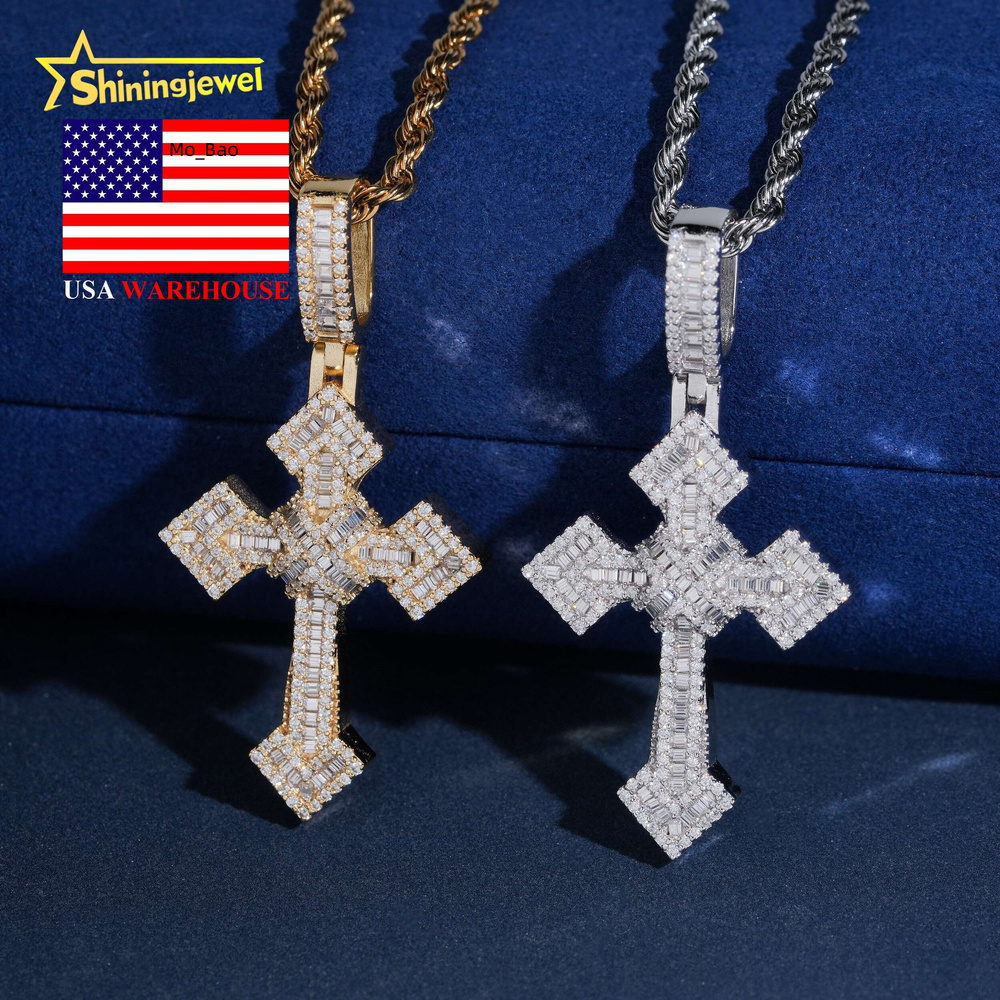 USA Local Stock 925 Sterling Silver Fully Iced Out Moissanite Cross Pendant Fine Jewelry Men VVS Moissanite Pendant Necklace