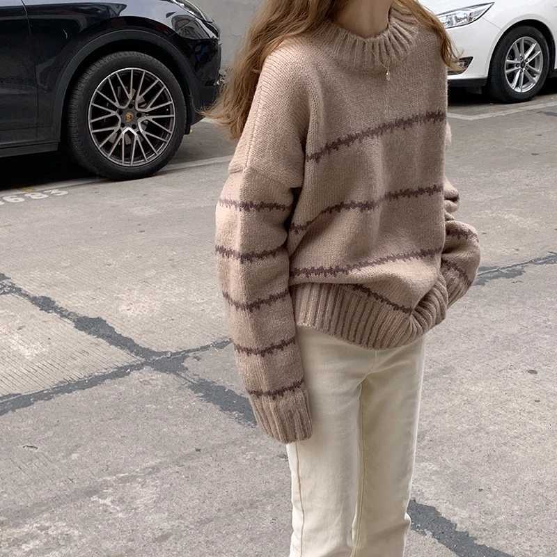 Retro Loose Sweater Womens Long Sleeve Striped Half High Neck Knit 2023 Autumn Winter Thickened Warm Pullover Z250905