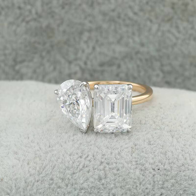 Double Stone Moissanite Ring 18K Yellow Gold Jewelry Ring Pear and Octangle Cut Moissanite Diamond Ring