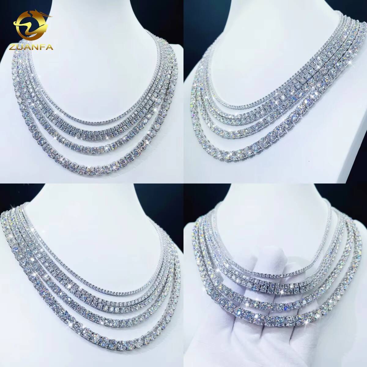 Custom Hip Hop Tennis Necklace Jewelry 925 Sterling Silver White Gold Plated 3mm Moissanite Diamond Tennis Chain