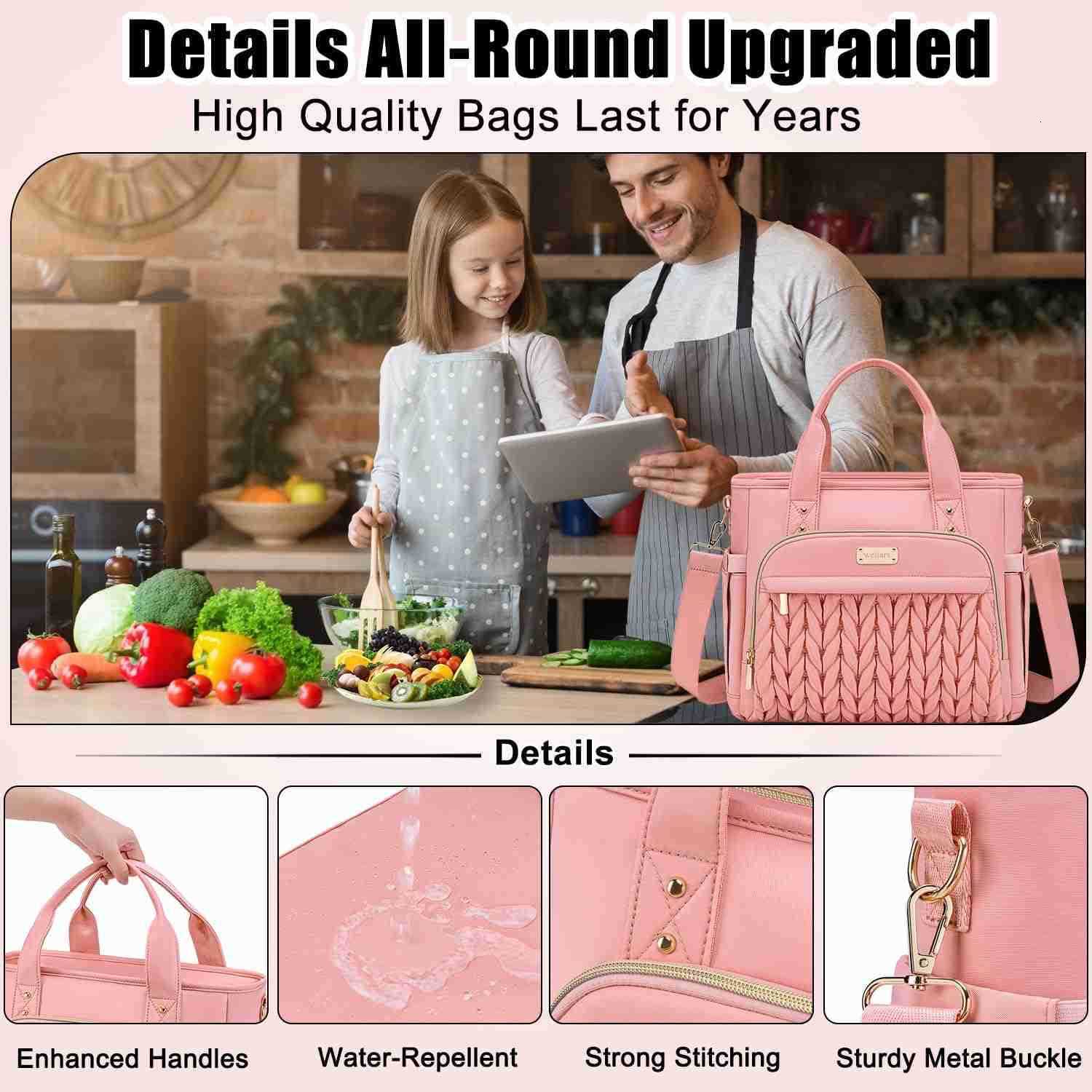 Insulated Lunch Bag Pink for WomenLeak Proof Lunch Box for WorkExtra Large Lunch Tote Bag With Removable Shoulder Strap with Side PocketsReusable Lunc