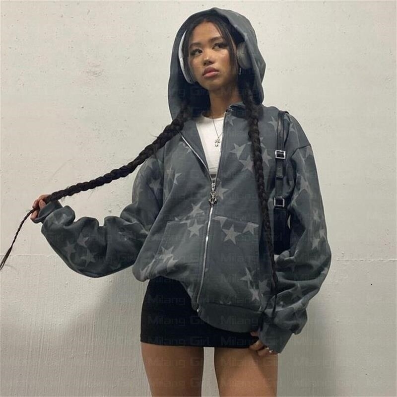 vintage Fashion star graphic fairy grunge Men Women Longsleeved Zip Hoodie Jacket OverSize Streetwear Y2K clothes emo Pullover 250904