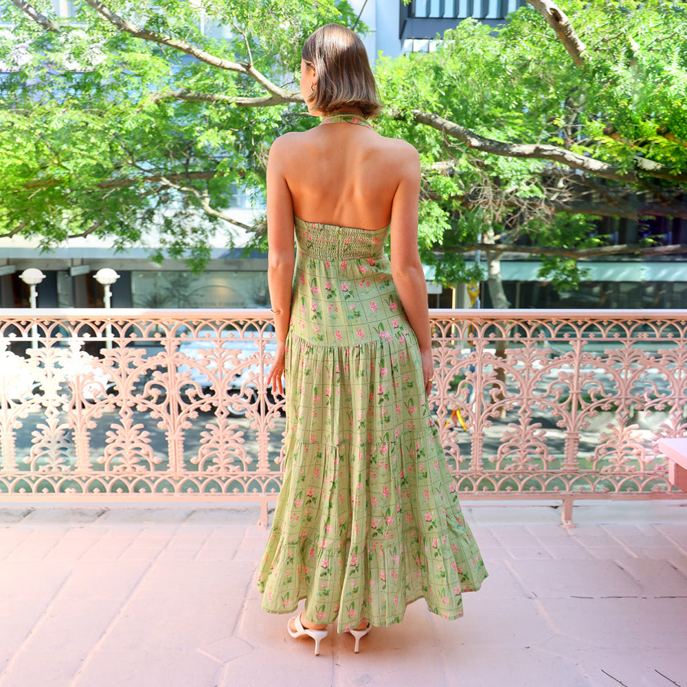 2025 Sweet Temperament Printed Sleeveless Halter Dress Feminine Large Backless Aline Long Dress
