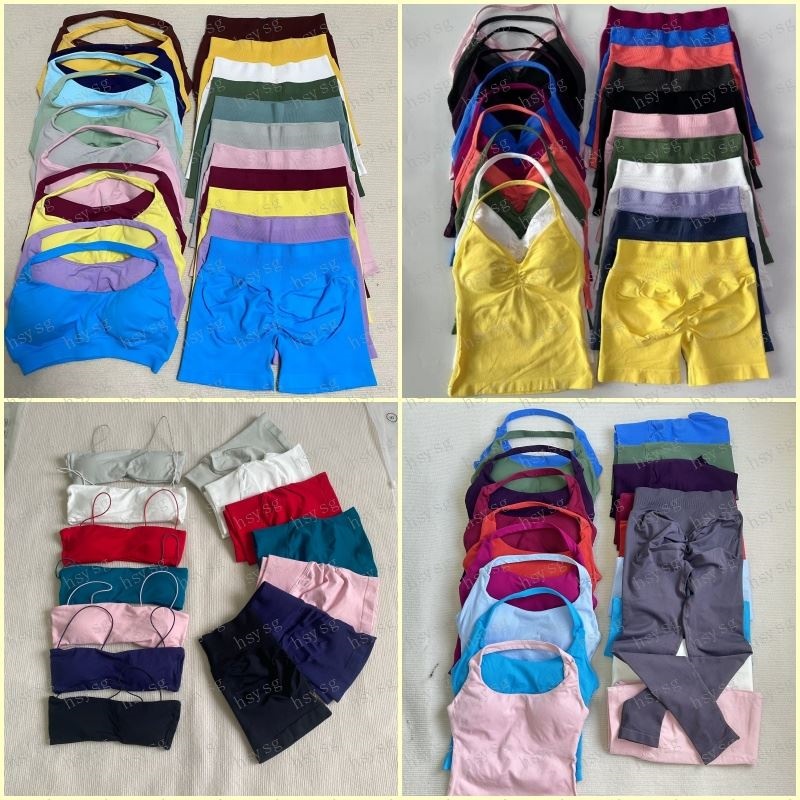 Sport Set 2 Pieces Seamless Yoga Set Halter Bra Top High Waist Workout Scrunch Shorts Summer Fitness Clothes Gym Suit Outfit Active Wear XS-L