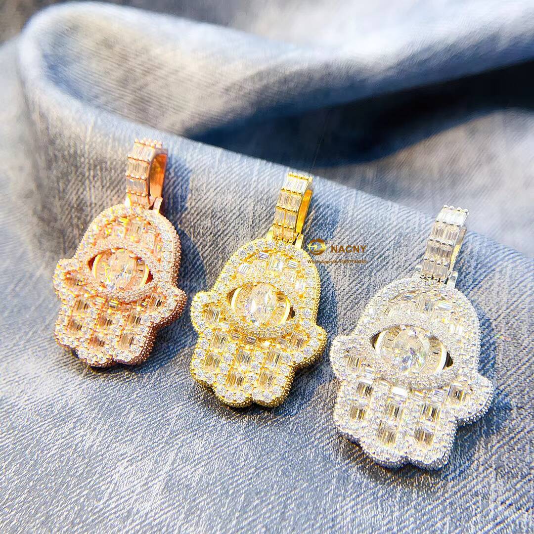 Fine Jewelry 925 Sterling Silver Iced Out Vvs Moissanite Diamond Egyptian Eye Hamsa Hand Pendant Necklace for Women